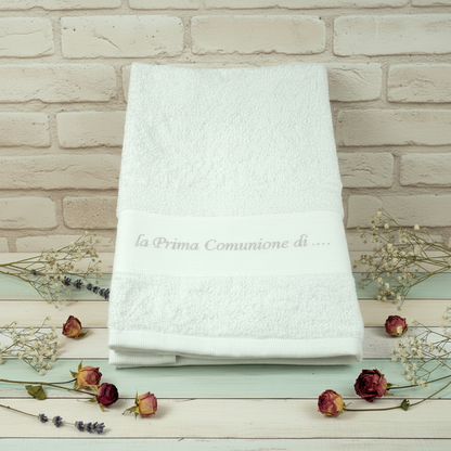 esempio ricamo scritta punto croce su salvietta asciugamano ospiti lavetta bagno cucina bianca ricamabile con fascia tela aida 55 quadretti