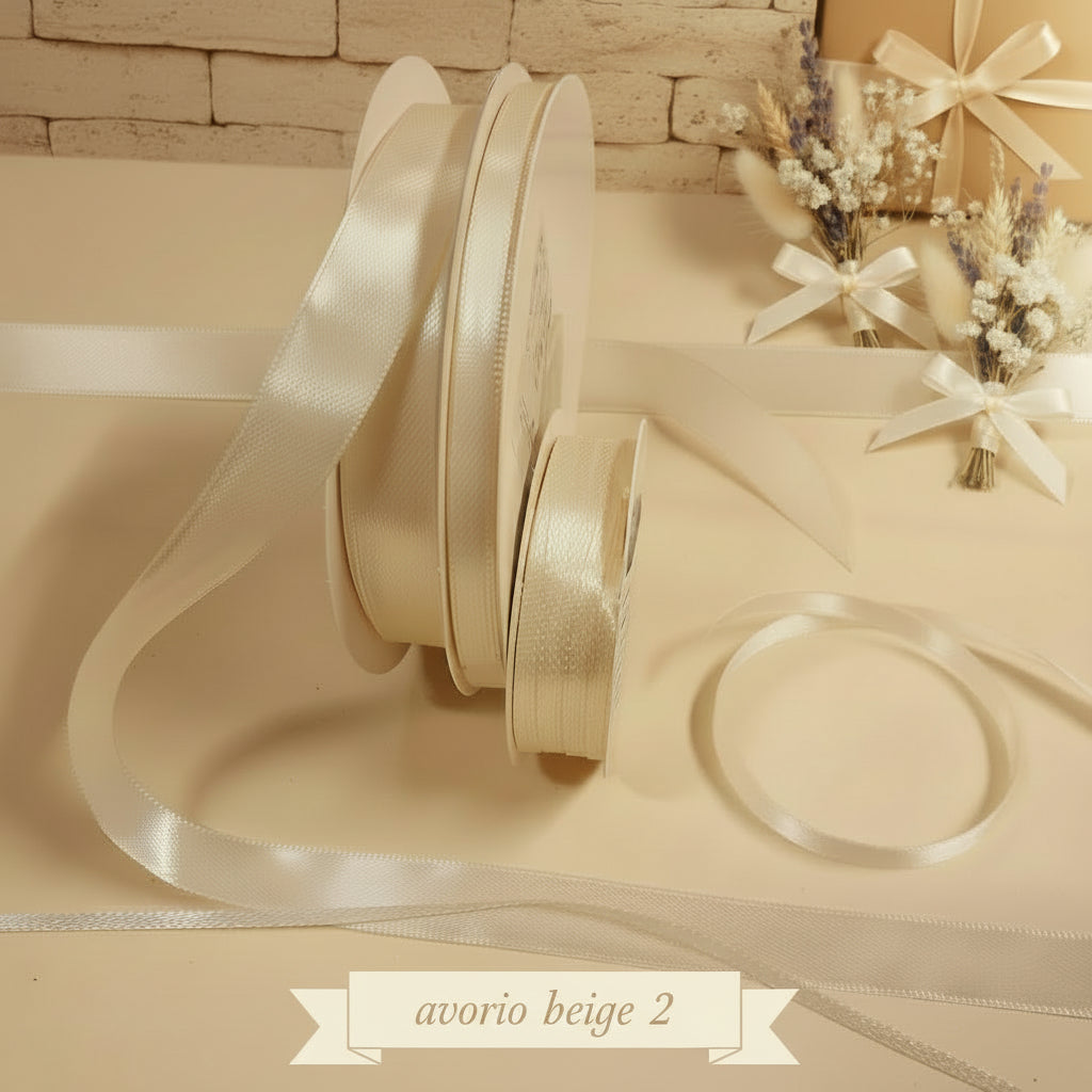 colore avorio beige 2 del negozio online nastro raso bomboniere fai da te hobby creativi nastrini decorazioni matrimonio colori assortiti uso confezionare regali Natale uova Pasquali packaging confezionamento rotolo alto grosso 15 mm medio 6 mm sottile 3 mm