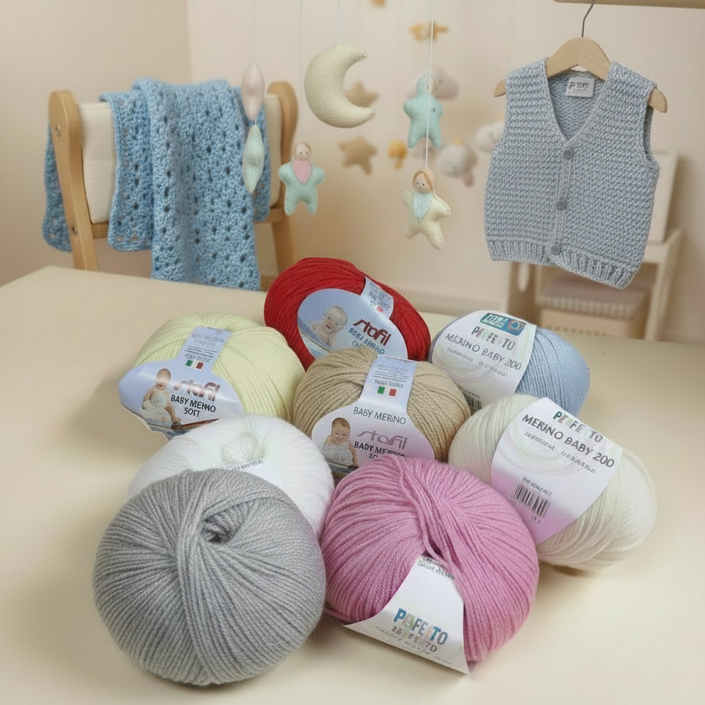 giallino rosso azzurro celeste rosa bianco panna colori shop Baby merino 200 extrafine superwash e soft Stafil made in Italy woolmark mez cucirini filato lana uso per copertine bambini neonato fine per uncinetto lavori a maglia sferruzzare cappellino bimba bimbo primo natale bebè