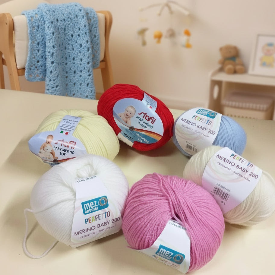 giallino rosso azzurro celeste rosa bianco panna colori shop Baby merino 200 extrafine superwash e soft Stafil made in Italy woolmark mez cucirini filato lana uso per copertine bambini neonato fine per uncinetto lavori a maglia sferruzzare cappellino bimba bimbo primo natale bebè