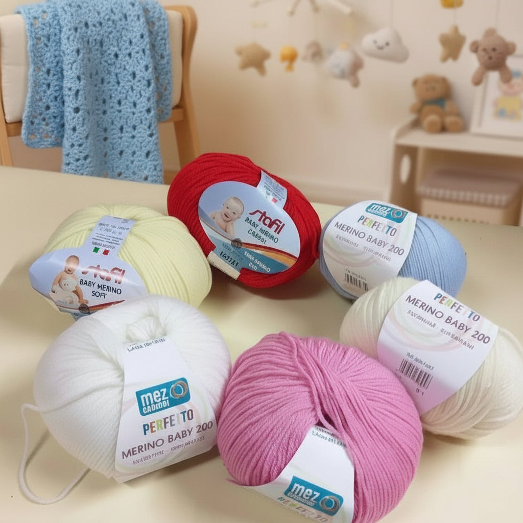giallino rosso azzurro celeste rosa bianco panna colori shop Baby merino 200 extrafine superwash e soft Stafil made in Italy woolmark mez cucirini filato lana uso per copertine bambini neonato fine per uncinetto lavori a maglia sferruzzare cappellino bimba bimbo primo natale bebè