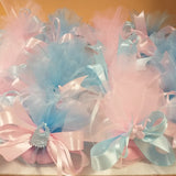 tulle per babyshower nascita o battesimo rosa celeste azzurro baby bebè sacchettini femminuccia maschietto bimbo bimba confezionati confetti bigliettino applicazione bavaglino carrozzina bomboniere economiche