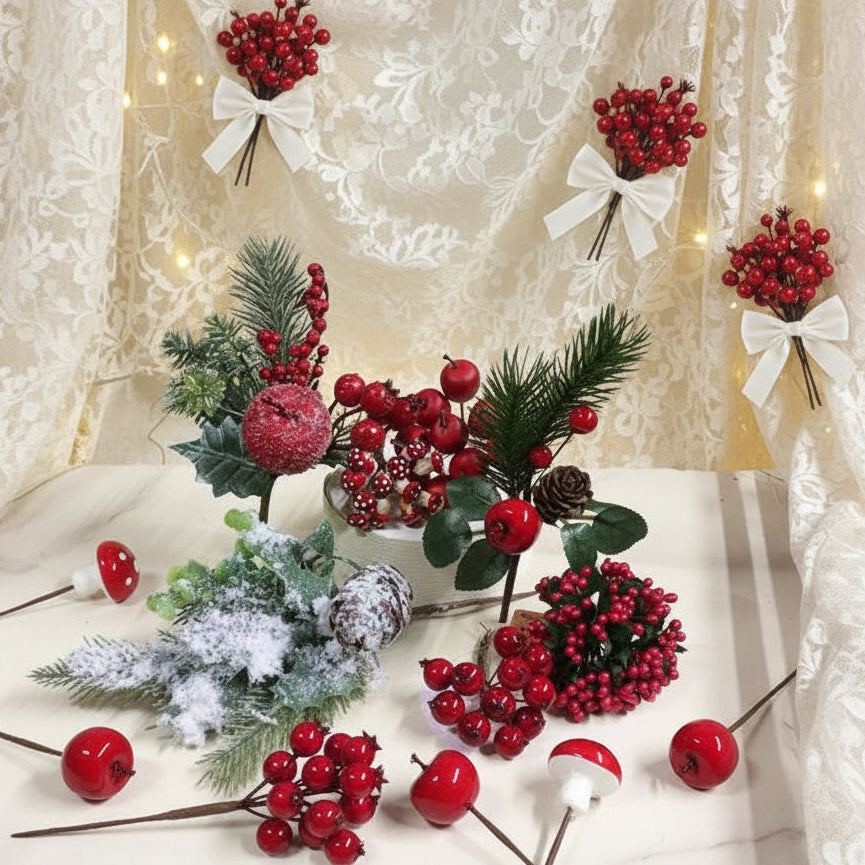 30 Pezzi Bacche Rosse Artificiali - Gambi Finti Per Decorazioni Floreali, Natale, Fai Da Te, Cesti E Alberi