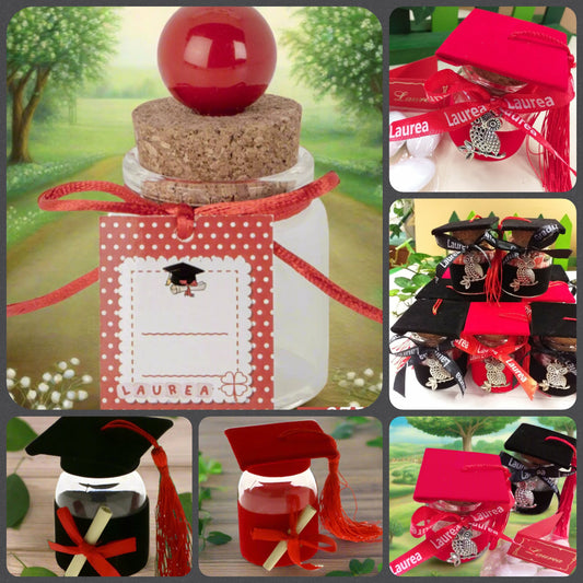 tag cartoncino gufo metallo ciondolo pergamena cappello tocco laurea barattoli vasetti portaconfetti bomboniere da confezionare confetti segnaposto ricordini