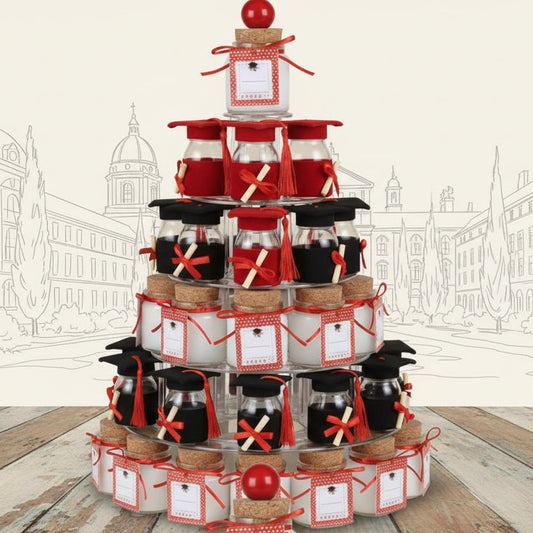 tag cartoncino ciondolo pergamena cappello tocco laurea barattoli vasetti portaconfetti bomboniere da confezionare confetti segnaposto ricordini allestimento torta scenografica sfondo campus universitario