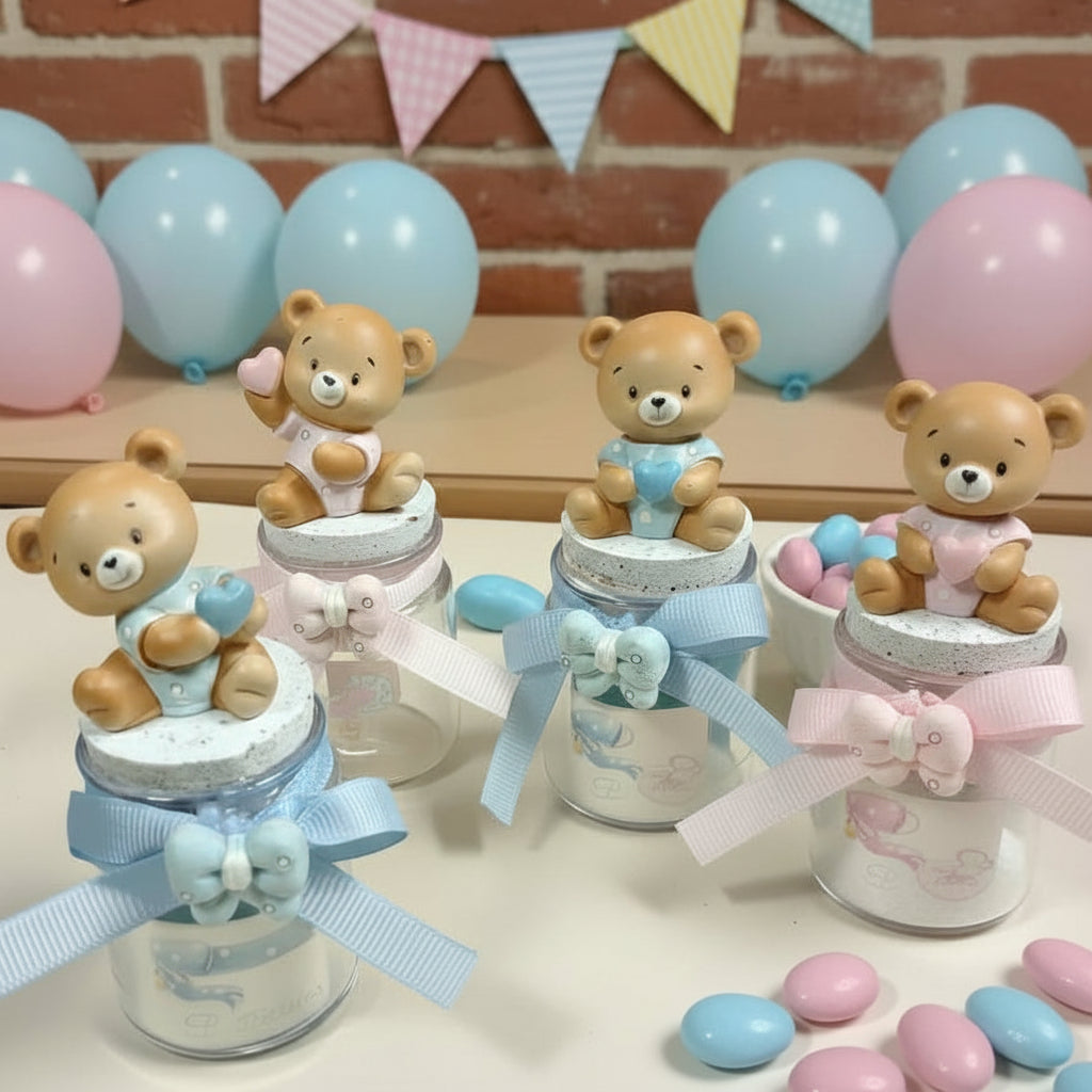 portaconfetti barattolini vasetti vetro con orsetto resina rosa azzurro per bambina femminuccia maschietto bambino uso bomboniere confettata battesimo babyshower compleanno nascita fai da te o confezionate