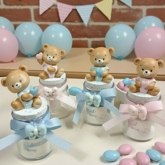 portaconfetti barattolini vasetti vetro con orsetto resina rosa azzurro per bambina femminuccia maschietto bambino uso bomboniere confettata battesimo babyshower compleanno nascita fai da te o confezionate