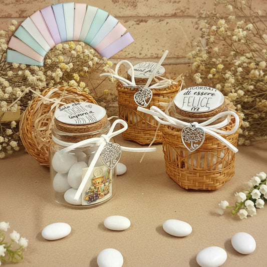 barattolino tappo bianco ceramica sughero vasetto vetro con scritta solo chi sogna impara a volare , ricordati di essere felice, confezionato bomboniera Comunione Cresima confetti cestino bigliettino simboli