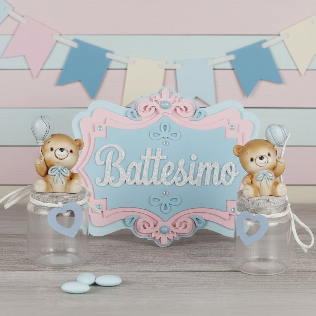 babyshower Battesimo allestimento confettata di bebè maschietto celeste bimbo orsetto applicazione barattolo vasetto vetro tappo sughero cuoricino gesso idea fai da te bomboniere