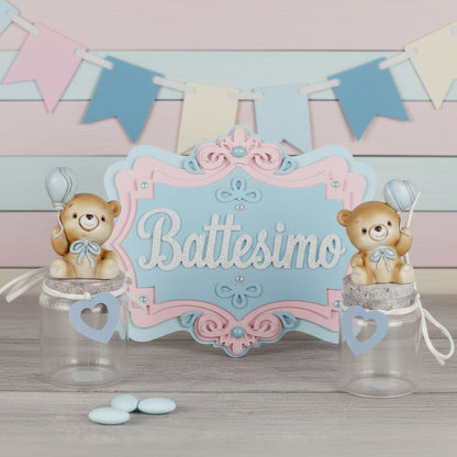 babyshower Battesimo allestimento confettata di bebè maschietto celeste bimbo orsetto applicazione barattolo vasetto vetro tappo sughero cuoricino gesso idea fai da te bomboniere