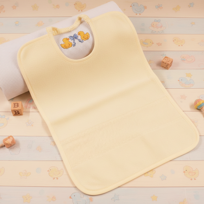 giallino chiaro bavaglia neonato bebè asilo prima infanzia con elastico da ricamare in tela aida e spugna