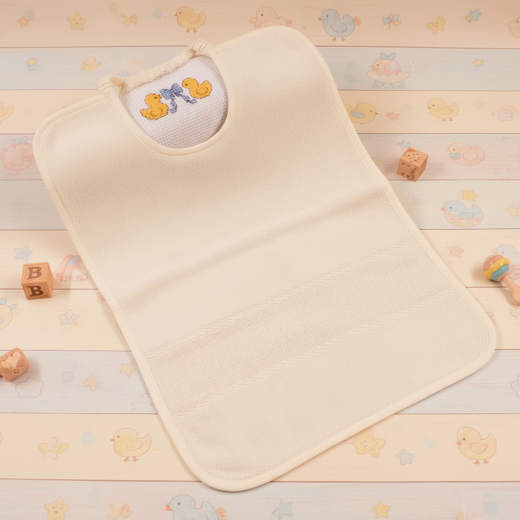bavaglia ecrù da ricamare a mezzo punto croce pulcini fiocco per corredino bebè neonato prima infanzia