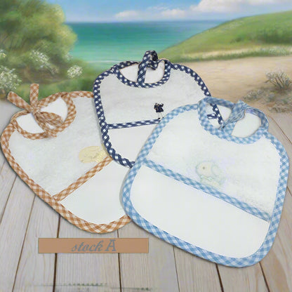 stock marrone celeste blu offerta vendita online bavaglini bambini neonati  bebè baby maschietto economici cotone spugna disegni bavette tela aida ricamo e punto croce da ricamare