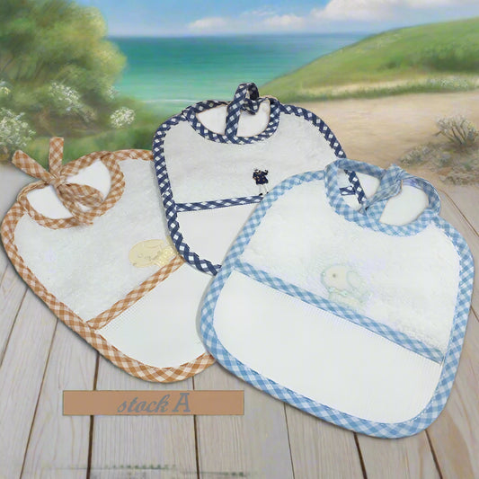 stock marrone celeste blu offerta vendita online bavaglini bambini neonati  bebè baby maschietto economici cotone spugna disegni bavette tela aida ricamo e punto croce da ricamare