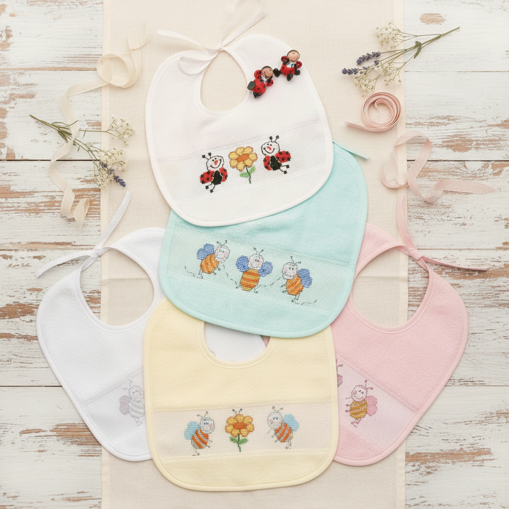 Bianco écru rosa verde giallino colori bavaglini da ricamo punto croce per bambini di spugna ciniglia e tela Aida ricamabile, schemi ape girasole coccinelle