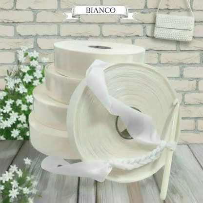 colore bianco shop offerta vendita fettuccia stafil maglina jersey poliammide lycra soft-elastica colori moda pasquali 2026 alta pizza larga piatta 4 cm uso borse uncinetto clutch bags crochet amigurumi cestini pastello