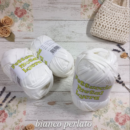 MAS bianco perlato lycra metal laminata metallizzata vernice similpelle lamè fettuccia borse uncinetto crochet clutch bags pochette da cerimonia sera regali natale cestini per handmade ferri maglia gomitolo 100 grammi 