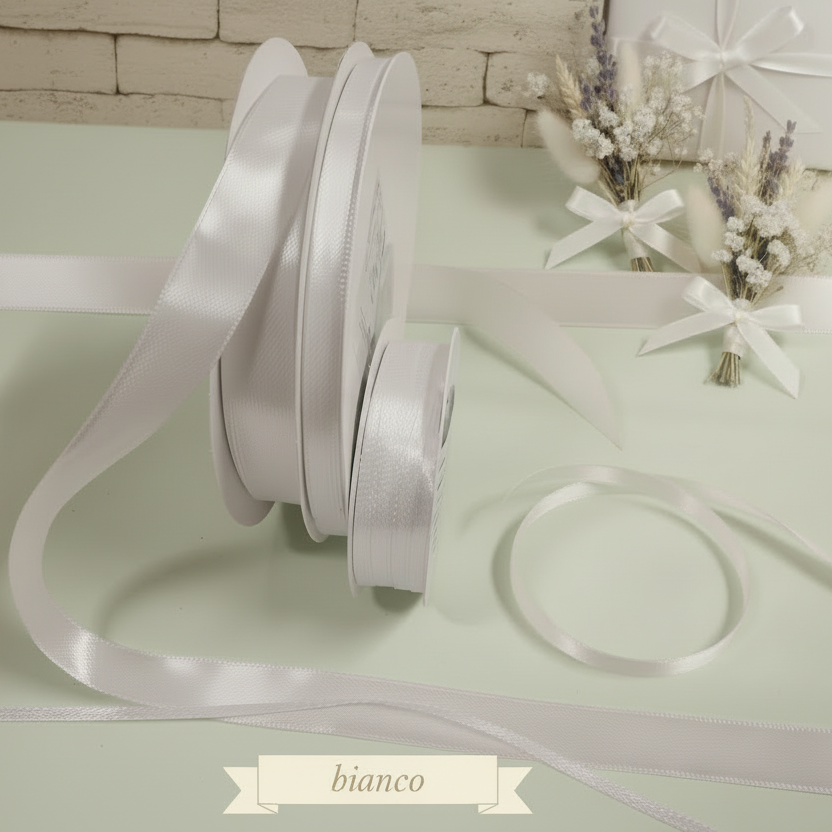 colore bianco vetrina negozio online nastro raso bomboniere fai da te hobby creativi nastrini decorazioni matrimonio colori assortiti uso confezionare regali Natale uova Pasquali packaging confezionamento