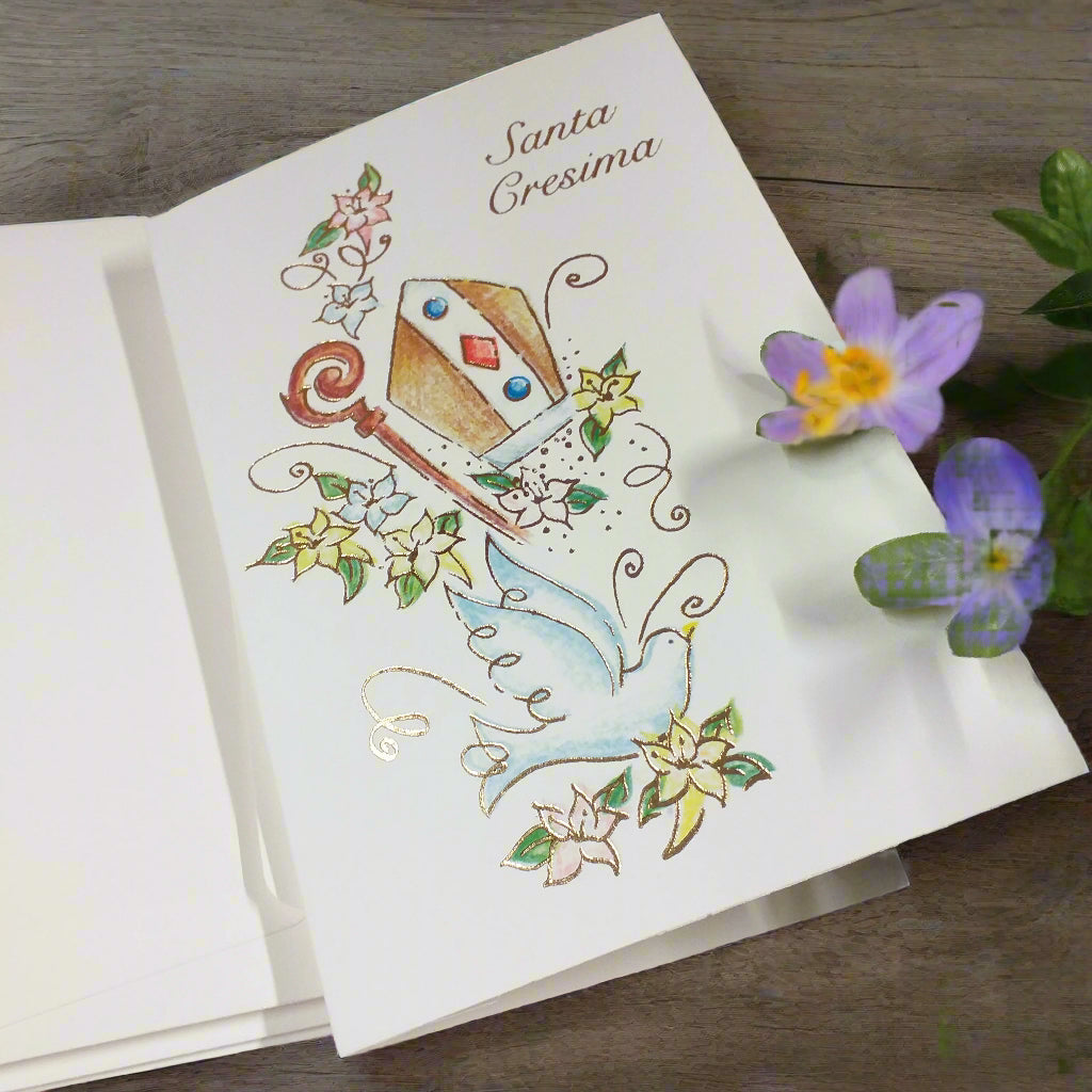 Mitria cappello del vescovo colomba gigli stampa scritta dorata simboli a colori biglietto invito partecipazione cartoncino a libro per Santa Cresima da scrivere o stampare fai da te