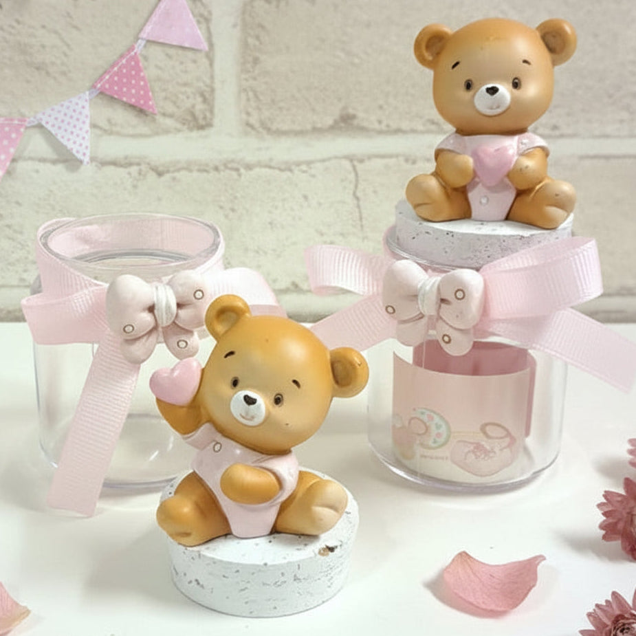rosa bimba orsetto applicazione barattolo vasetto vetro tappo sughero fiocco cuoricino gesso idea fai da te bomboniere nascita Battesimo primo compleanno babyshower femminuccia