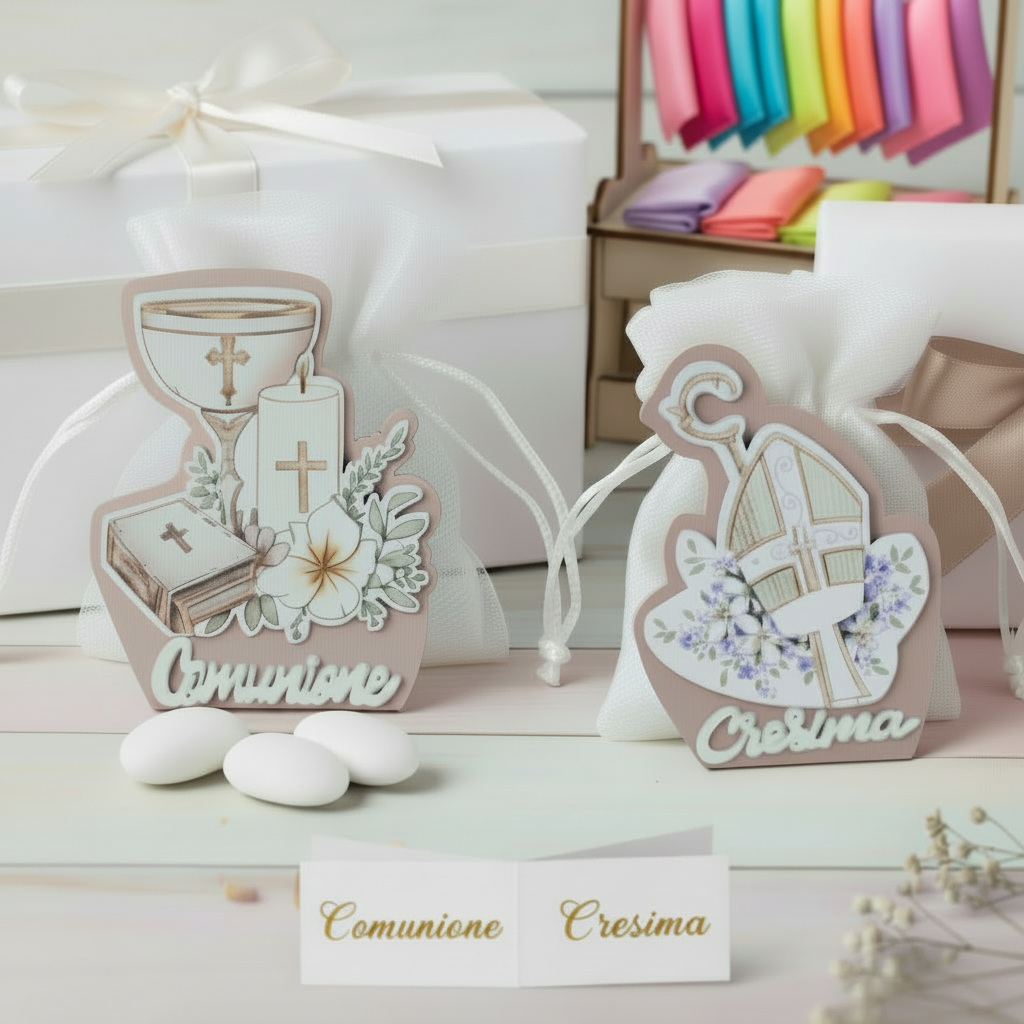 bianco e tortora colori per piantina portaconfetti sacra simboli calice spighe Vangelo giglio candela Mitria Pastorale vescovile scritta comunione Cresima legno icona religiosa per bambino ragazzo bimbo bambina ragazza bimba da confezionare con sacchettino  bigliettino nastri kit fai da te