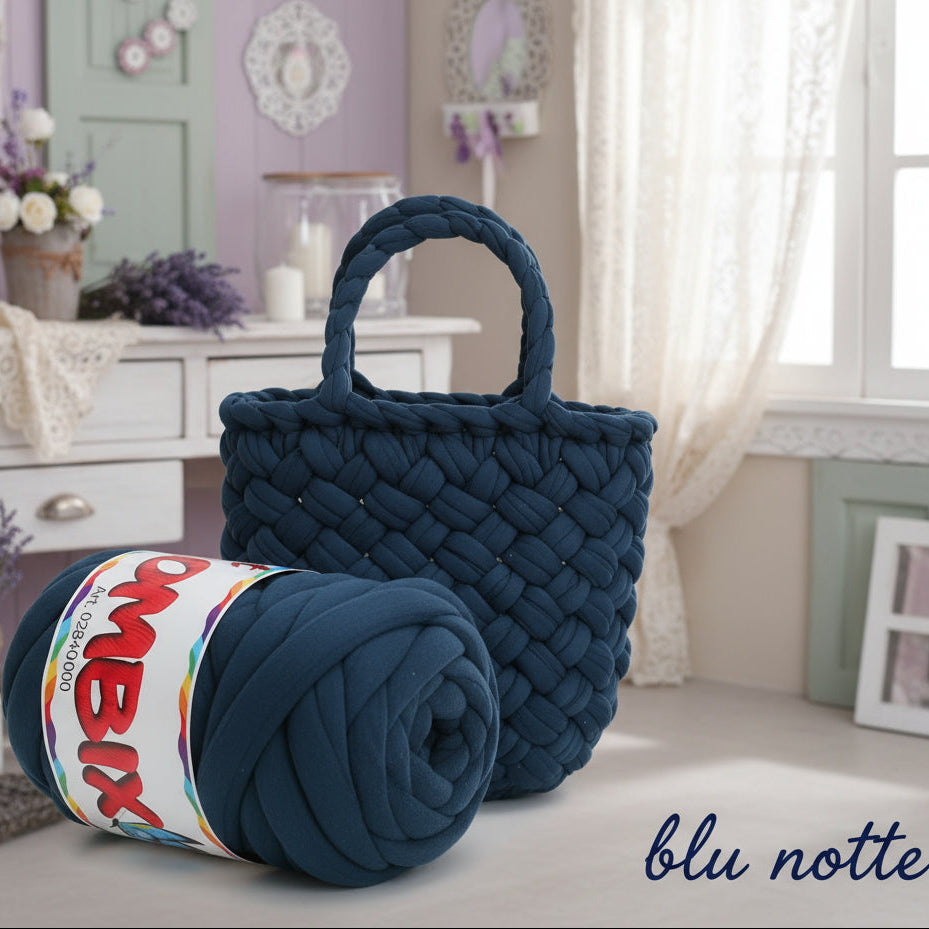 blu notte Bombix cucirini tre stelle velluto 1/2 kg fettuccia ripiena marshmallow filato borse gigante grosso spesso imbottito chunky bags tubolare intrecciare a mano senza uncinetto pochette shopper