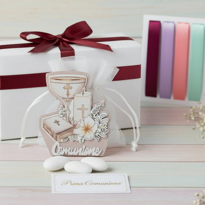 colori pastello per piantina portaconfetti sacra simboli calice spighe Vangelo giglio candela  scritta comunione legno icona religiosa per bambino ragazzo bimbo bambina ragazza bimba da confezionare con sacchettino  bigliettino nastri kit fai da te
