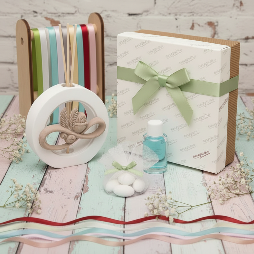 packaging verde salvia chiaro per icone originali bomboniere diffusore profumatore d'ambiente Prima Comunione Santa Cresima oggetto resina ceramica bianco beige terracotta simboli Calice pane spighe bastoncini di midollino essenza scatola ciuffo pompon sacchetto confezione confetti nastrini colorati da scegliere