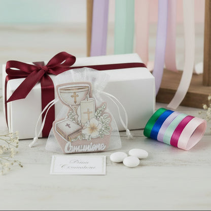 bordeaux e piantina portaconfetti sacra simboli calice spighe Vangelo giglio candela scritta comunione legno icona religiosa per bambino ragazzo bimbo bambina ragazza bimba da confezionare con sacchettino  bigliettino nastri kit fai da te