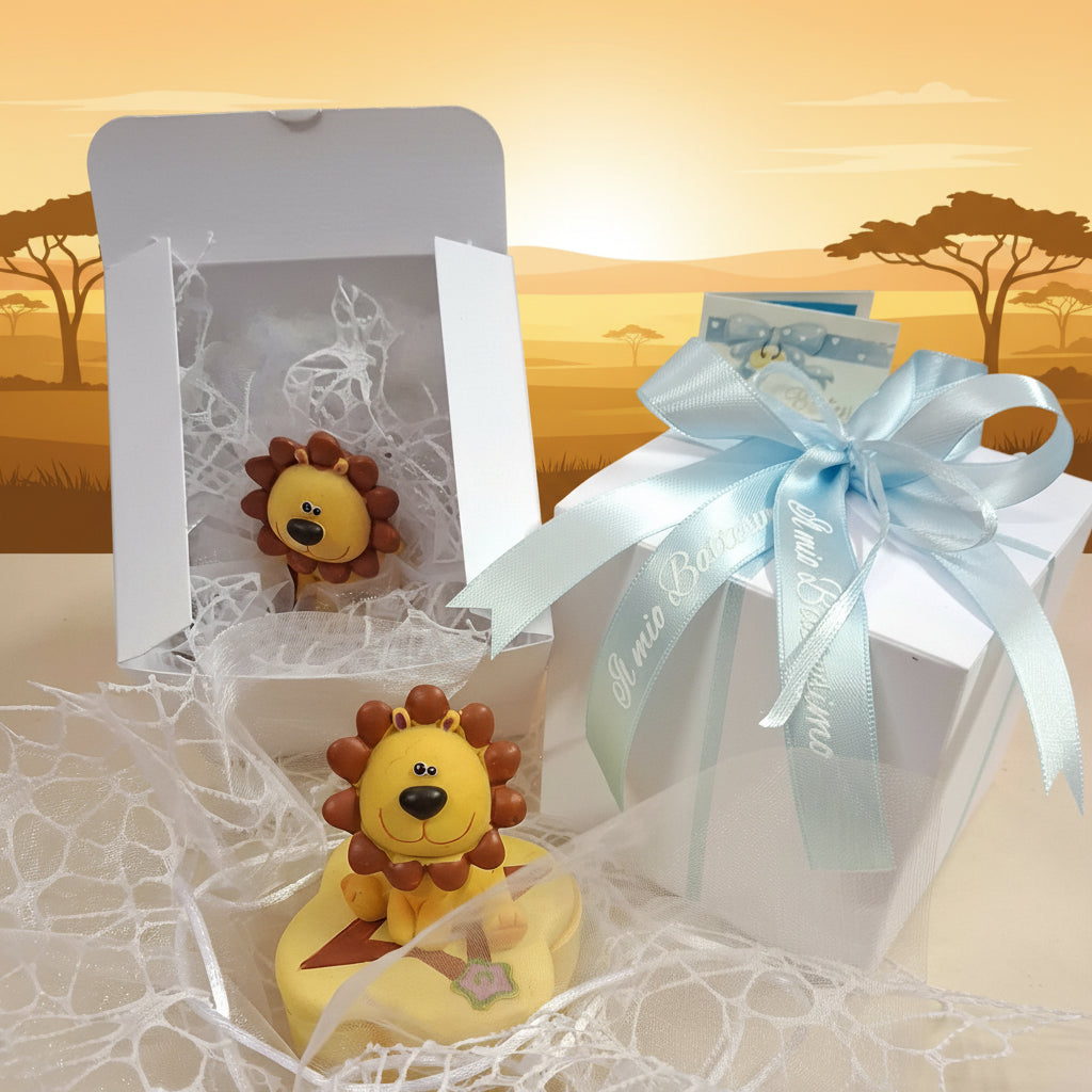 scatolina con leoncino confezione confetti Battesimo maschietto