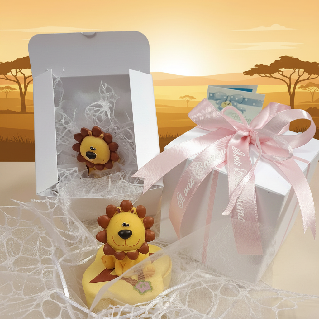 scatolina con leoncino confezione confetti Battesimo femminuccia bimba