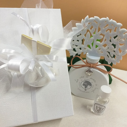 offerta albero della vita feltro pannolenci mappamondo globo mondo frase scritta la vita e l'amore bomboniera diffusore profumo profumatore essenza scatola regalo packaging confezionamento gift box Etm confetti bigliettino nozze anniversario matrimonio