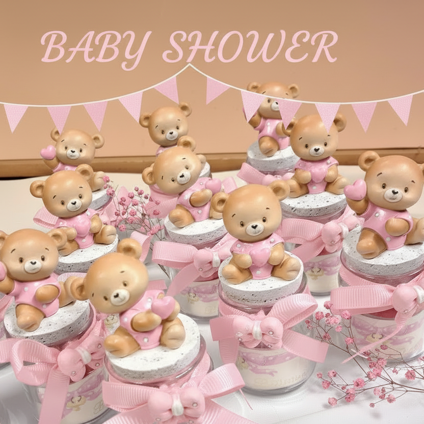 festa di confettata di bebè rosa femminuccia bimba orsetto applicazione barattolo vasetto vetro tappo sughero cuoricino gesso idea fai da te bomboniere nascita Battesimo primo compleanno babyshower