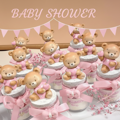 festa di confettata di bebè rosa femminuccia bimba orsetto applicazione barattolo vasetto vetro tappo sughero cuoricino gesso idea fai da te bomboniere nascita Battesimo primo compleanno babyshower