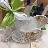 shopper sportina coccarda nastro verde bianco Calice spighe uva Comunione Mitria Vangelo pastorale colomba Cresima simboli icone sacre religiose bomboniere particolari originali scritta frase Amore sogni e felicità forma cuore confezionare confetti bigliettino o kit fai da te