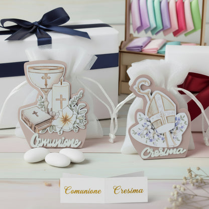 blu bordò maschietto femminuccia piantina portaconfetti sacra simboli calice spighe Vangelo giglio candela Mitria Pastorale vescovile scritta comunione Cresima legno icona religiosa per bambino ragazzo bimbo bambina ragazza bimba da confezionare con sacchettino  bigliettino nastri kit fai da te