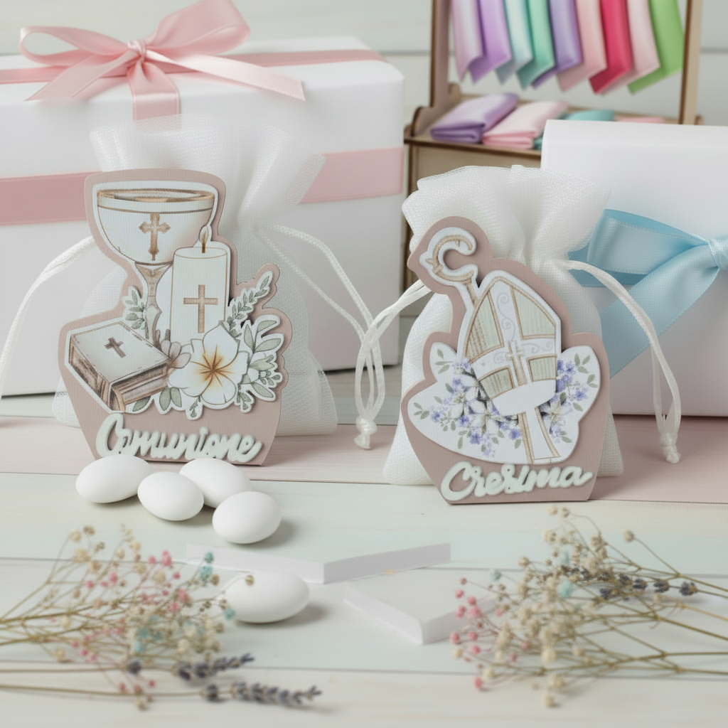 rosa azzurro celeste bimbi maschietto femminuccia piantina portaconfetti sacra simboli calice spighe Vangelo giglio candela Mitria Pastorale vescovile scritta comunione Cresima legno icona religiosa per bambino ragazzo bimbo bambina ragazza bimba da confezionare con sacchettino  bigliettino nastri kit fai da te