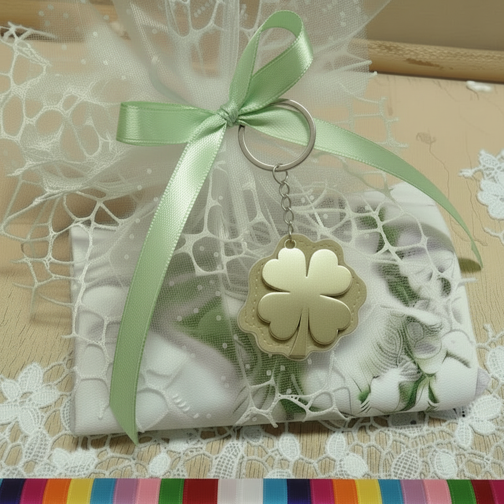 verde chiaro bimbo maschietto sacchetto bomboniere portachiavi ciondolo quadrifoglio portafortuna nascita Battesimo Comunione matrimonio compleanno confezionato confetti