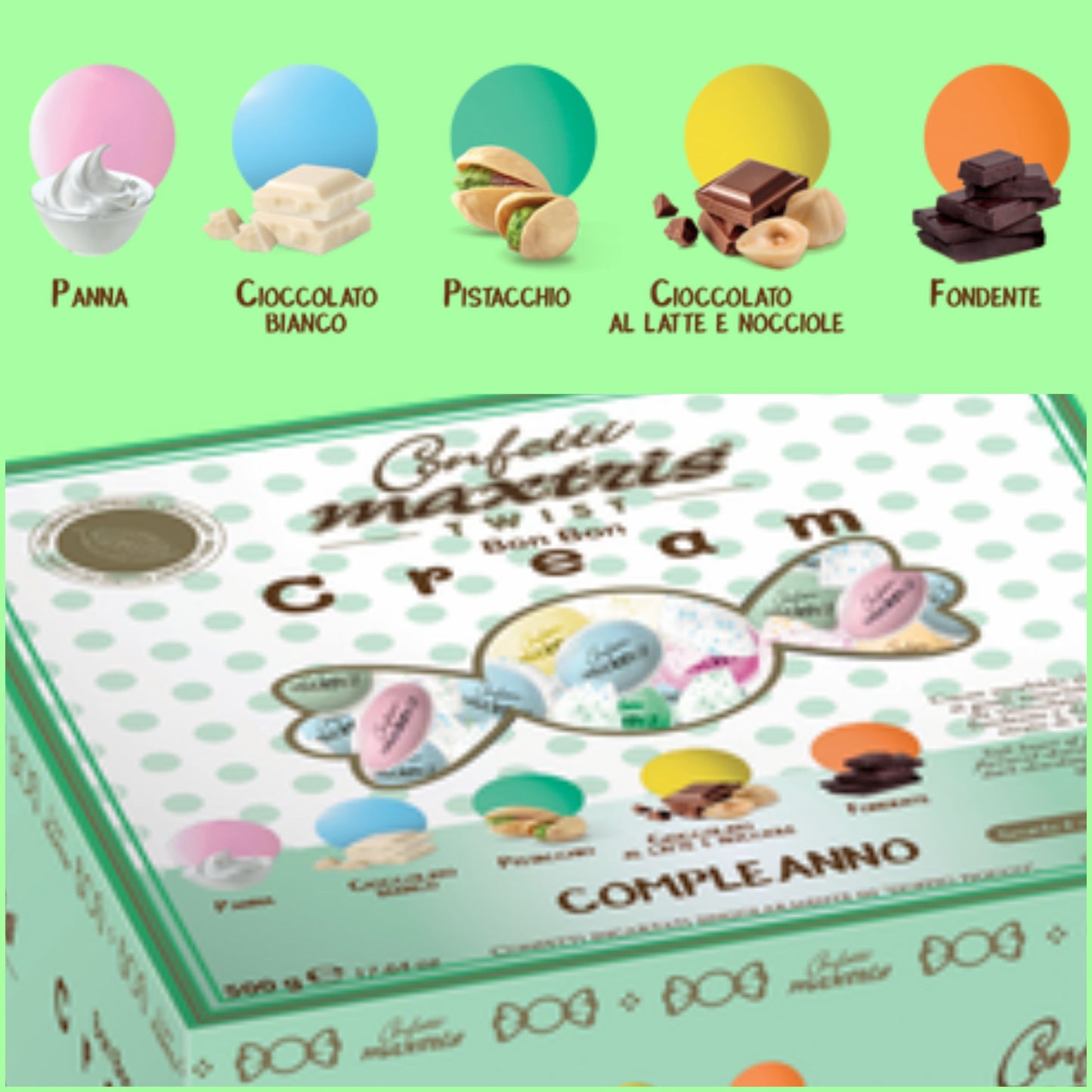 compleanno colorati misti rosa azzurro verde giallo arancio Maxtris Italian confetti twist Bon Bon cream cioccolato bianco ricoperto da cioccolato al latte confettato zucchero incartati singolarmente doppio fiocco come cioccolatini