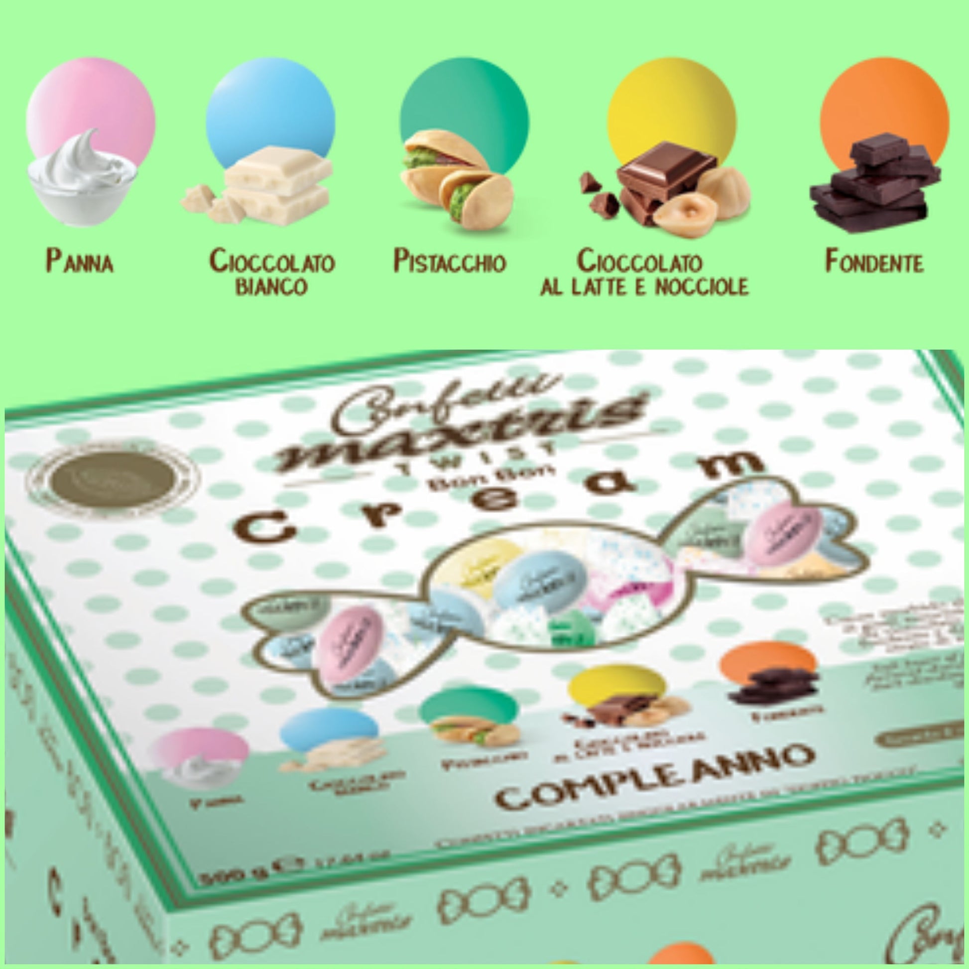 compleanno colorati misti rosa azzurro verde giallo arancio Maxtris Italian confetti twist Bon Bon cream cioccolato bianco ricoperto da cioccolato al latte confettato zucchero incartati singolarmente doppio fiocco come cioccolatini