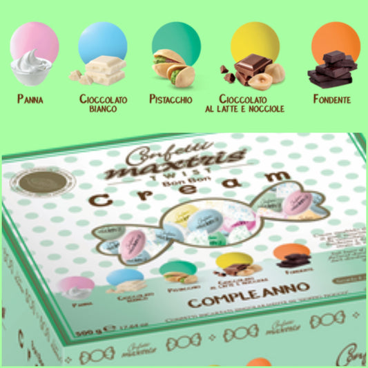 compleanno colorati misti rosa azzurro verde giallo arancio Maxtris Italian confetti twist Bon Bon cream cioccolato bianco ricoperto da cioccolato al latte confettato zucchero incartati singolarmente doppio fiocco come cioccolatini