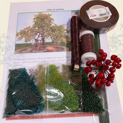 primo piano foto istruzioni perline fiori e piante kit fai da te creare albero bonsai pianta melo conteria rocailles di perle veneziane meline fili marroni steli guttaperca stemtex