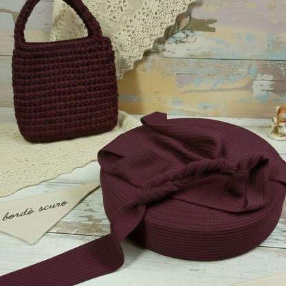 bordò scuro maglina lycra fettuccia stafil maglina morbida elastane plissé poliammide elastica colori moda alta pizza larga piatta 4 cm uso borse uncinetto clutch bags crochet amigurumi cestini