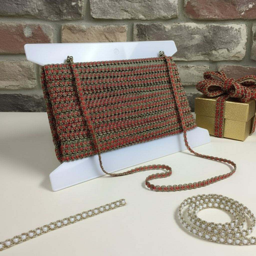 Passamaneria rifiniture nastri raso bordo rosso bianco bordura dorata di broccato ad uso cucito creativo bambole Natale angioletti decorazioni albero packaging vetrinistica hobbistica natalizia confezionare scatoline dorate
