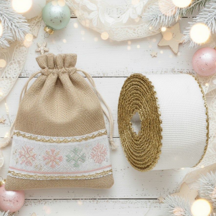 idea fai da te sacchetto juta applicazione ricamata fiocco di neve con bianco oro nastro da bordo, fascia bordura di tela aida bordino dorato Natale per ricamo cifre iniziali auguri scritte e ricamare biancheria della casa