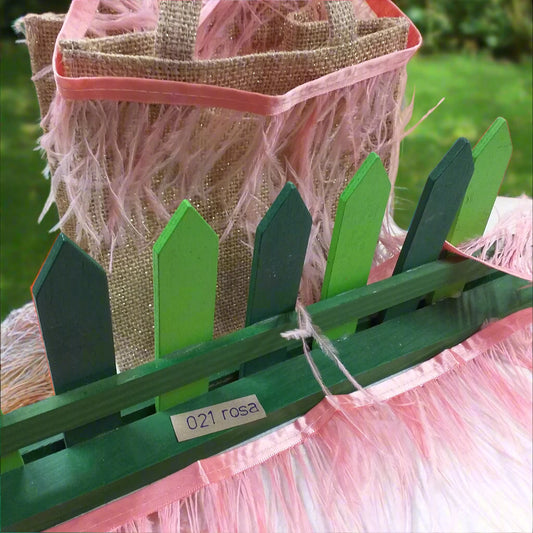 colore 021 rosa antico e idea fai da te come decorare borsa juta con passamaneria nastro frange piume di struzzo naturale bordura da applicare vestitini abitini matrimonio cerimonia cappelli ghirlande nascita costumi danza ballo sudamericano