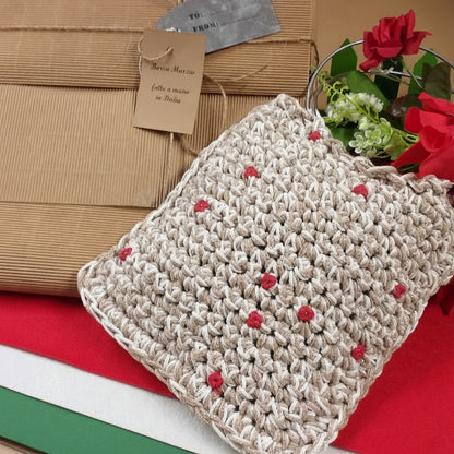 dall'alto Borsa Marzia fatta a mano in Italia uncinetto crochet bag pochette di corda cotone green macramè cordino manici cerchio metallo colore argento uso borsetta da giorno sera elegante cerimonia