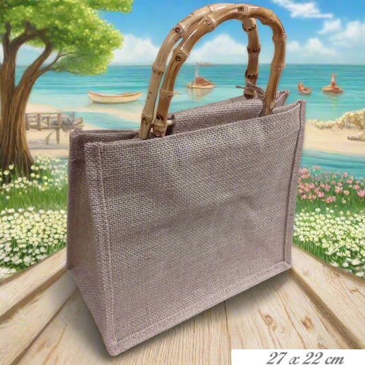 27 x 22 cm borsa juta con manici bambù da rivestire uncinetto mattonelle granny nodi frange rafia macramè corda tessuto perline cordino thai scritte applicazioni nomi