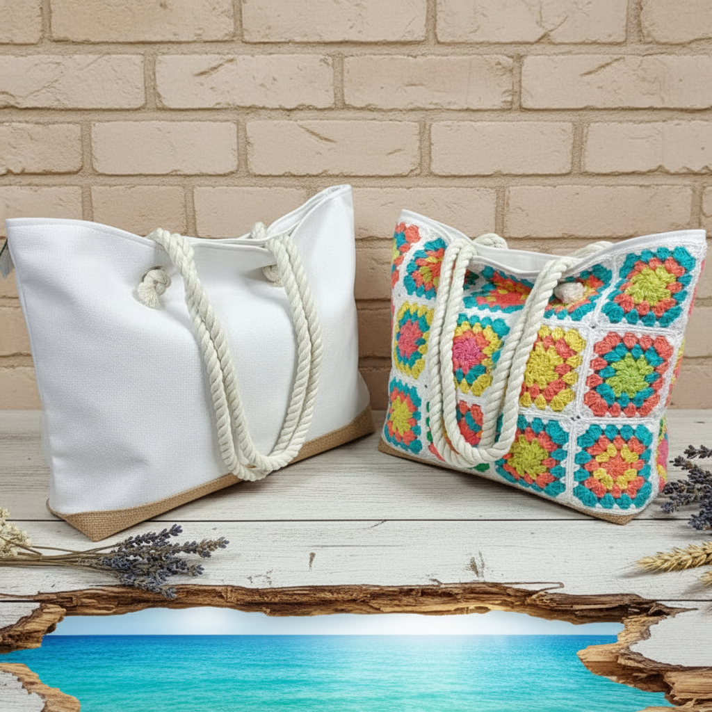 borsa donna da mare sacca tela bianca base juta naturale manici corda nautica uso borsone piscina estate spiaggia viaggio da rivestire mattonelle granny uncinetto applicazioni cotone
