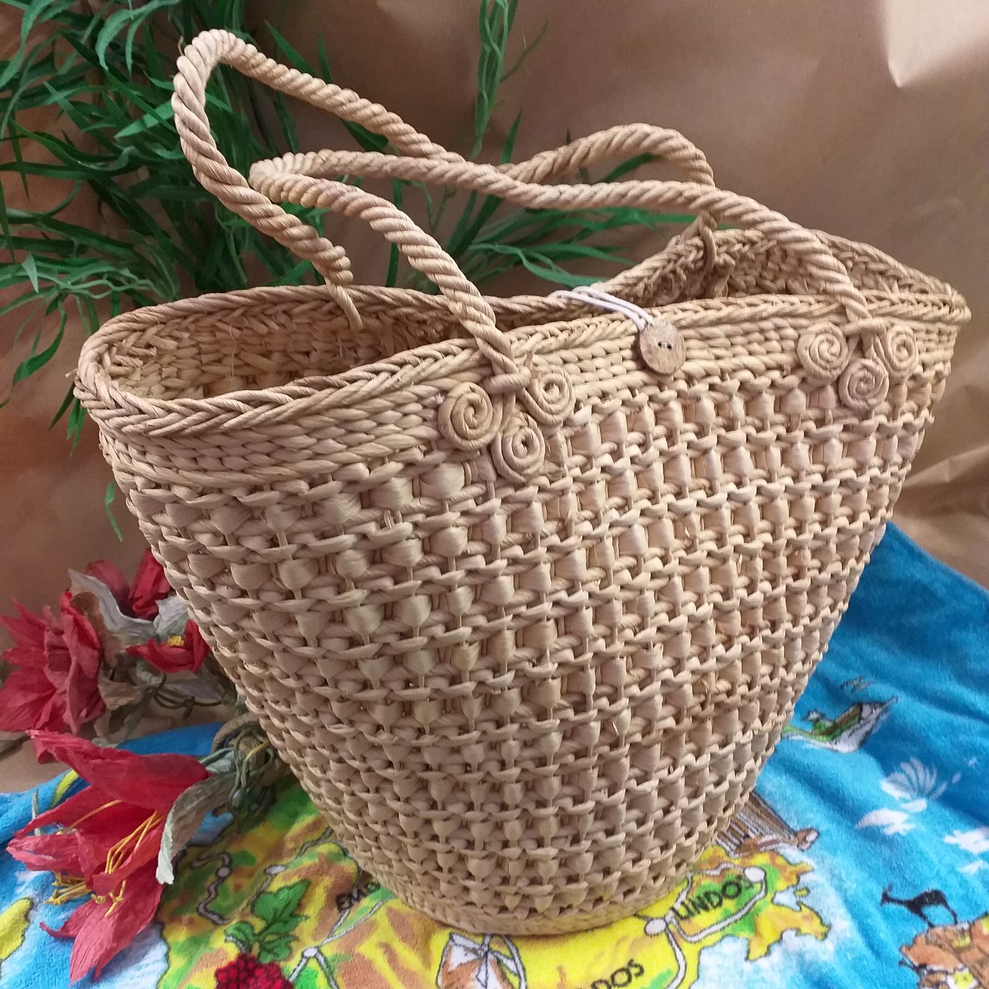 sporta da mare spiaggia piscina chiusura bottone di legno borsa paglia estiva fai da te decorazioni personalizzare decorare
